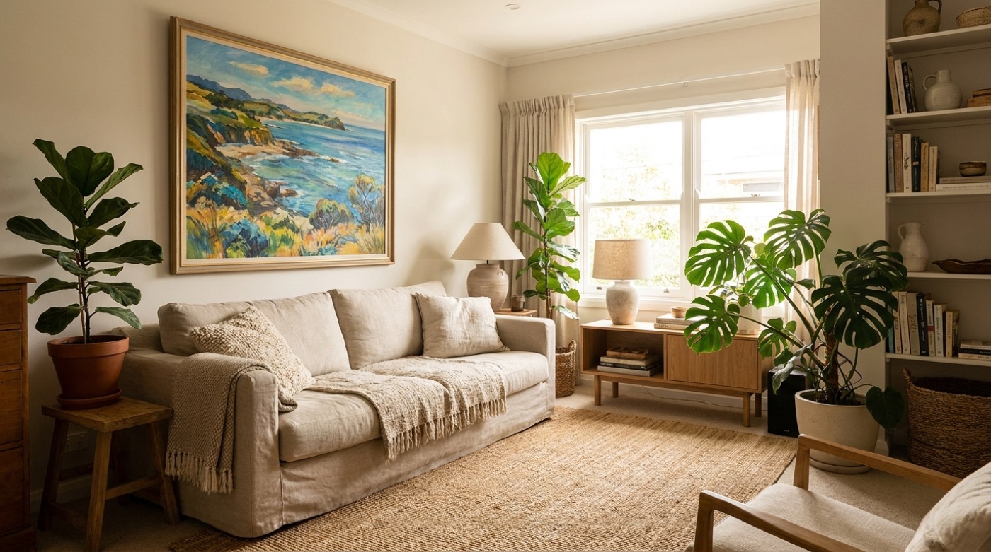 A framed landscape painting above a sofa in a living room