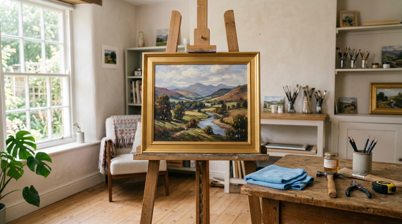 A framed painting on an easel with a soft cloth nearby