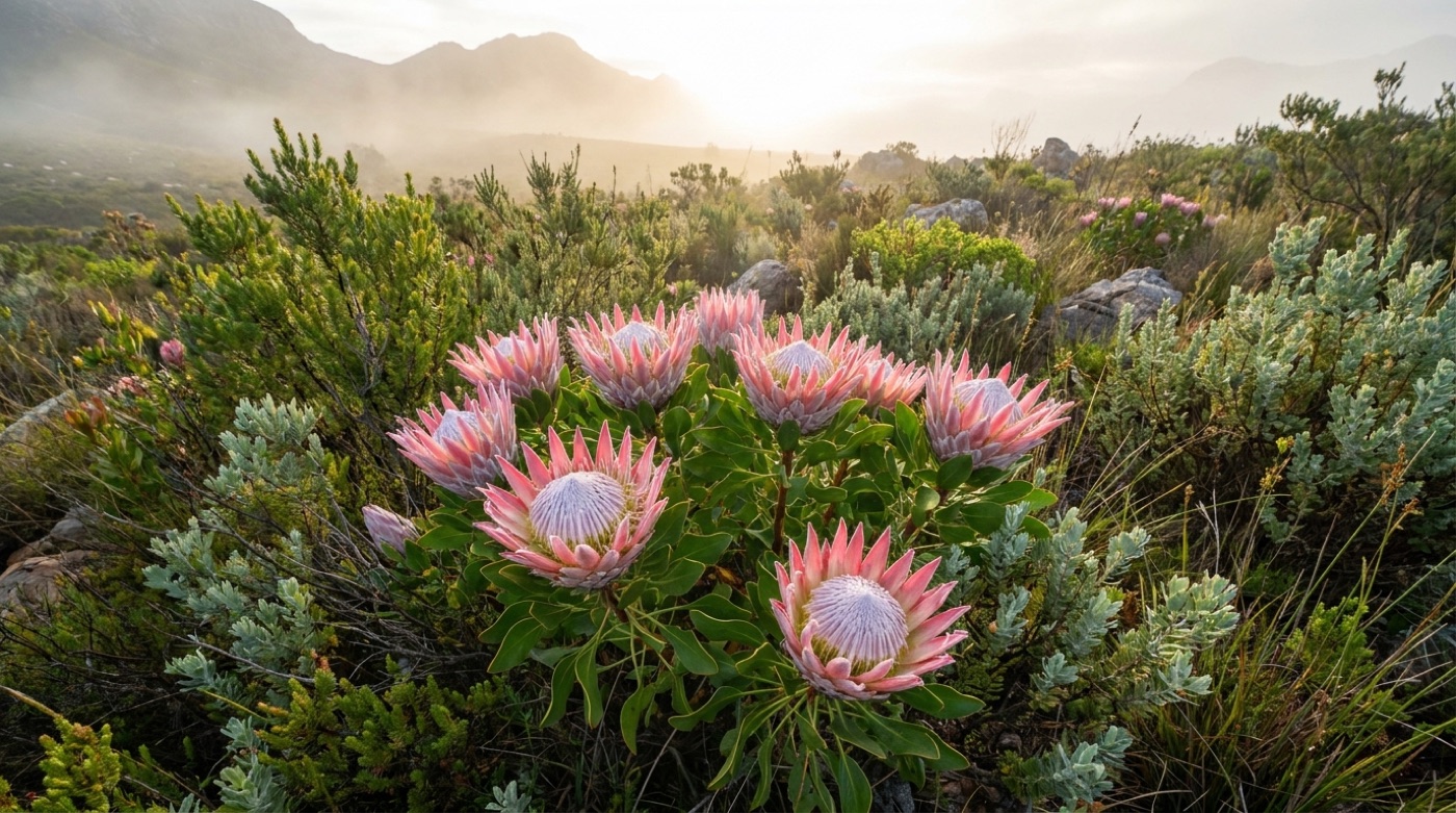 Pink king protea flowers among fynbos